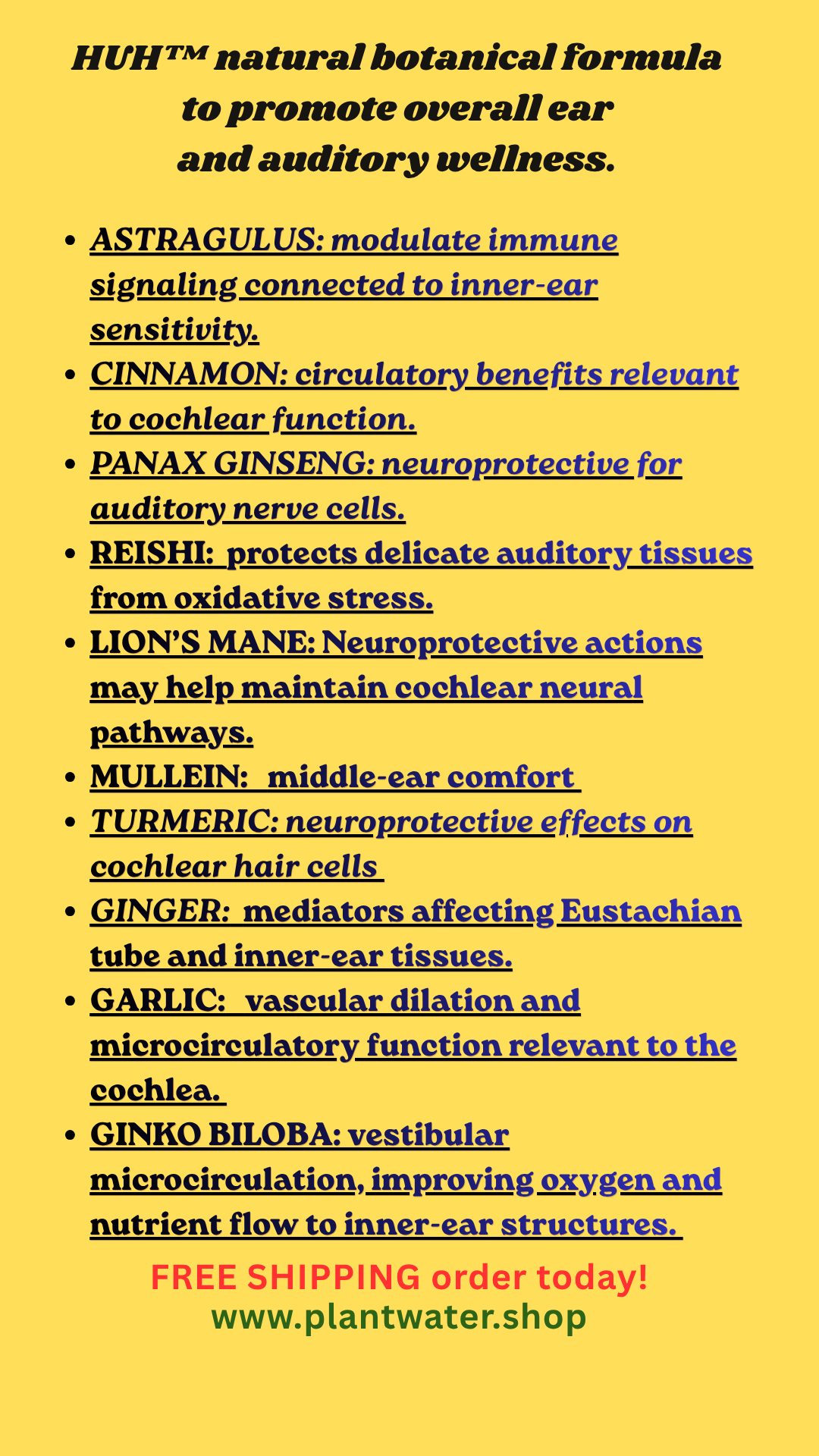 HUH Botanical formula for immune and ear health and auditory support naturally.